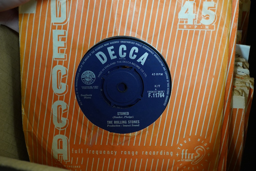 Four boxes of 7 inch singles, all on Decca, MGM and Parlophone record labels, artists include; Connie Francis, Jackie Dennis, Tommy Steele the Southlanders, the Goons the Rolling Stones, Dave Berry, the Fortunes, Billy F